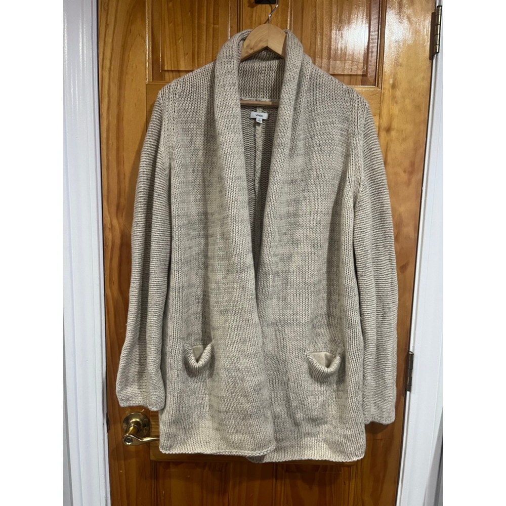 Vince Women’s Open Front Chunky Knit Cardigan Sweater Beige Longline Size XS
